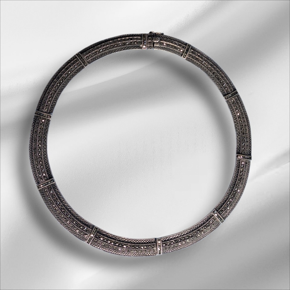 Vintage Sterling Silver Marcasite Choker Collar Necklace 54grams
